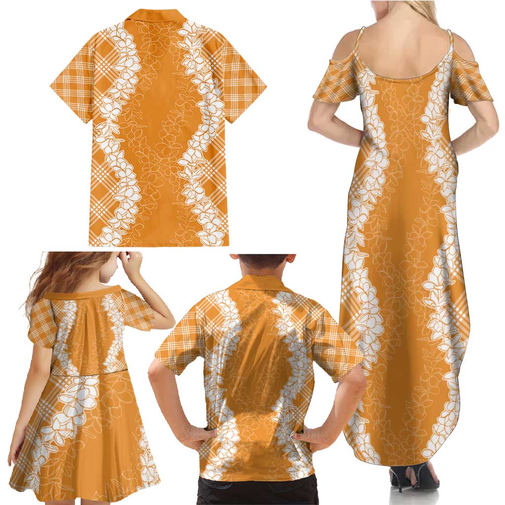 Hawaii Aloha Plumeria Lei Orange Palaka Family Matching Summer Maxi Dress and Hawaiian Shirt - Polynesian Pride