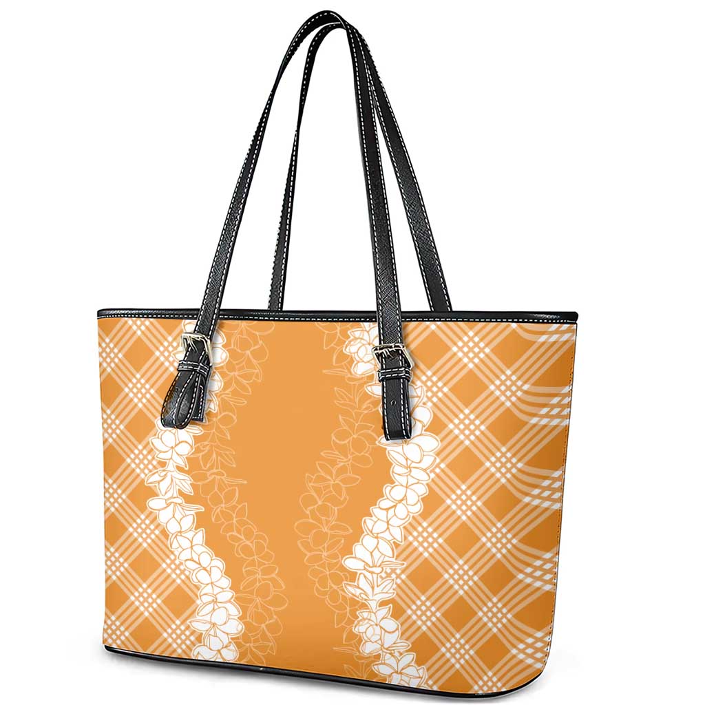 Hawaii Aloha Plumeria Lei Orange Palaka Leather Tote Bag - Polynesian Pride