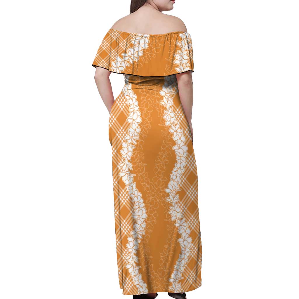 Hawaii Aloha Plumeria Lei Orange Palaka Off Shoulder Maxi Dress - Polynesian Pride
