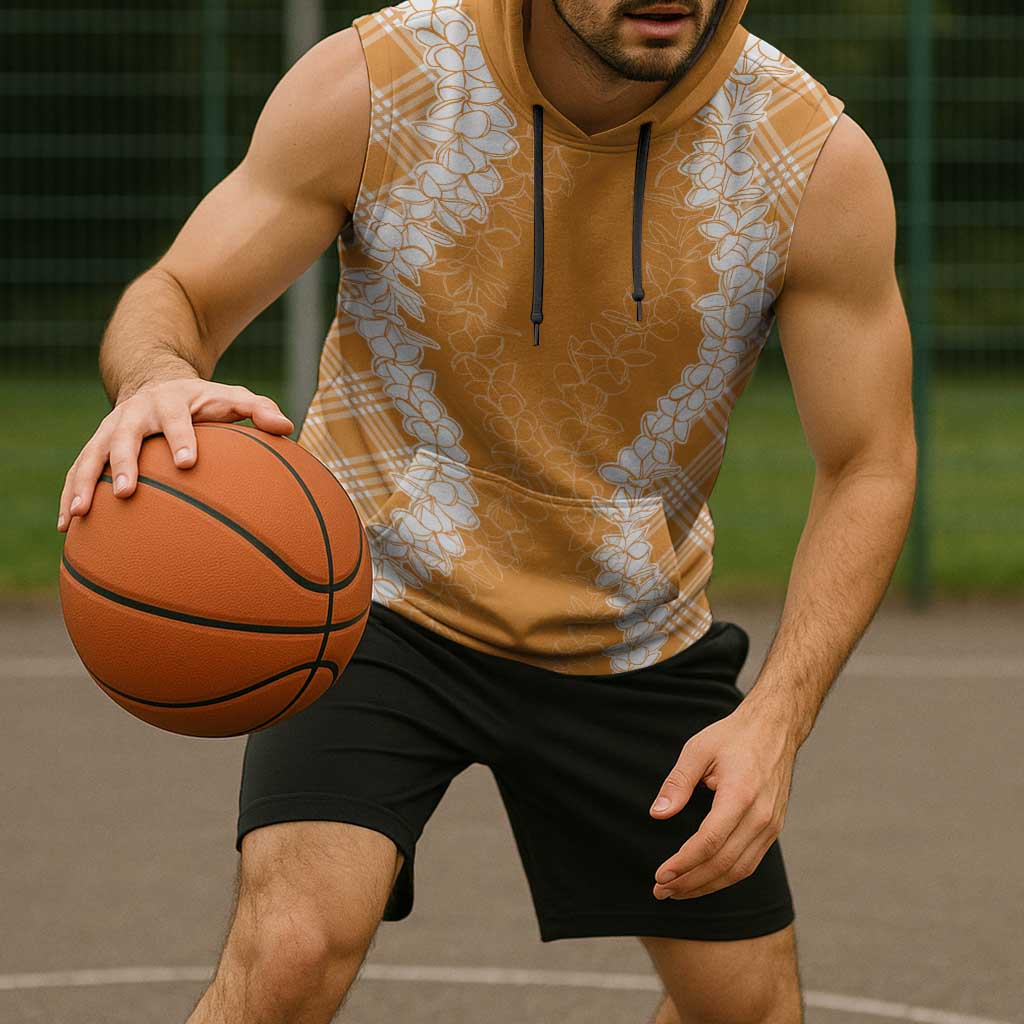 Hawaii Aloha Plumeria Lei Orange Palaka Sleeveless Hoodie - Polynesian Pride