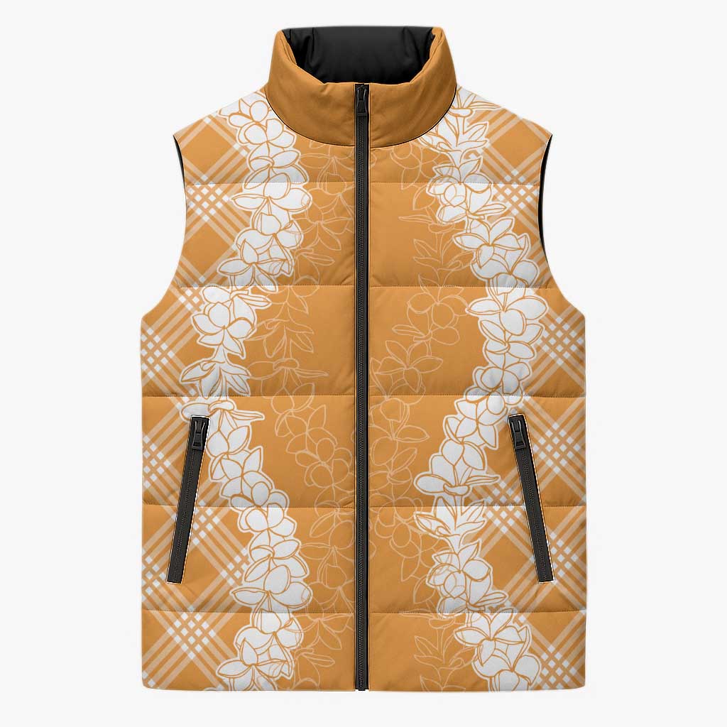 Hawaii Aloha Plumeria Lei Orange Palaka Sleeveless Puffer Jacket - Polynesian Pride