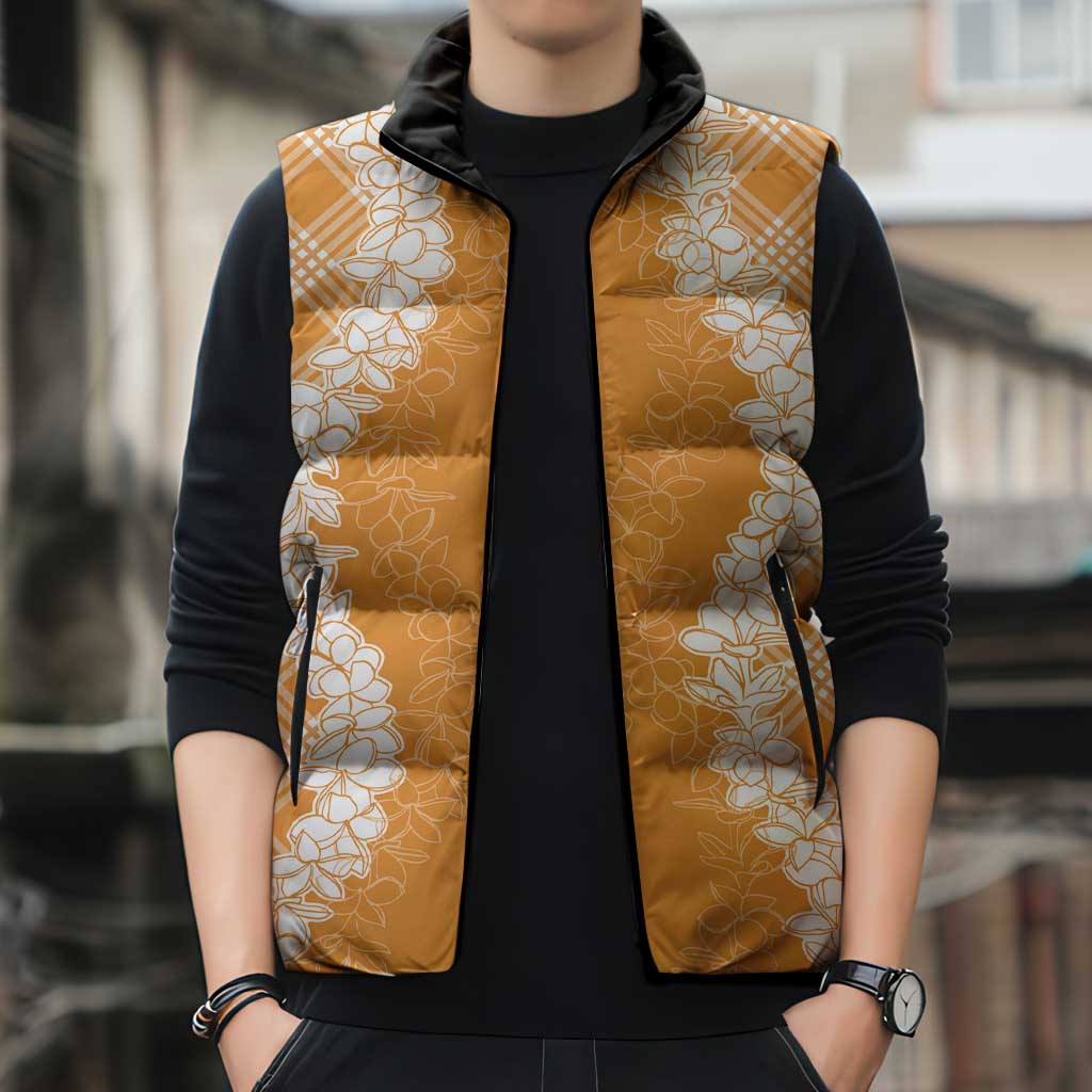Hawaii Aloha Plumeria Lei Orange Palaka Sleeveless Puffer Jacket - Polynesian Pride
