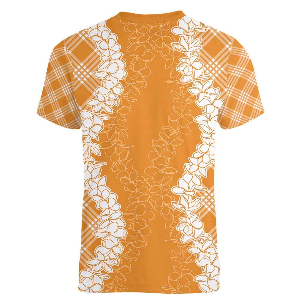 Hawaii Aloha Plumeria Lei Orange Palaka Women V-Neck T-Shirt - Polynesian Pride