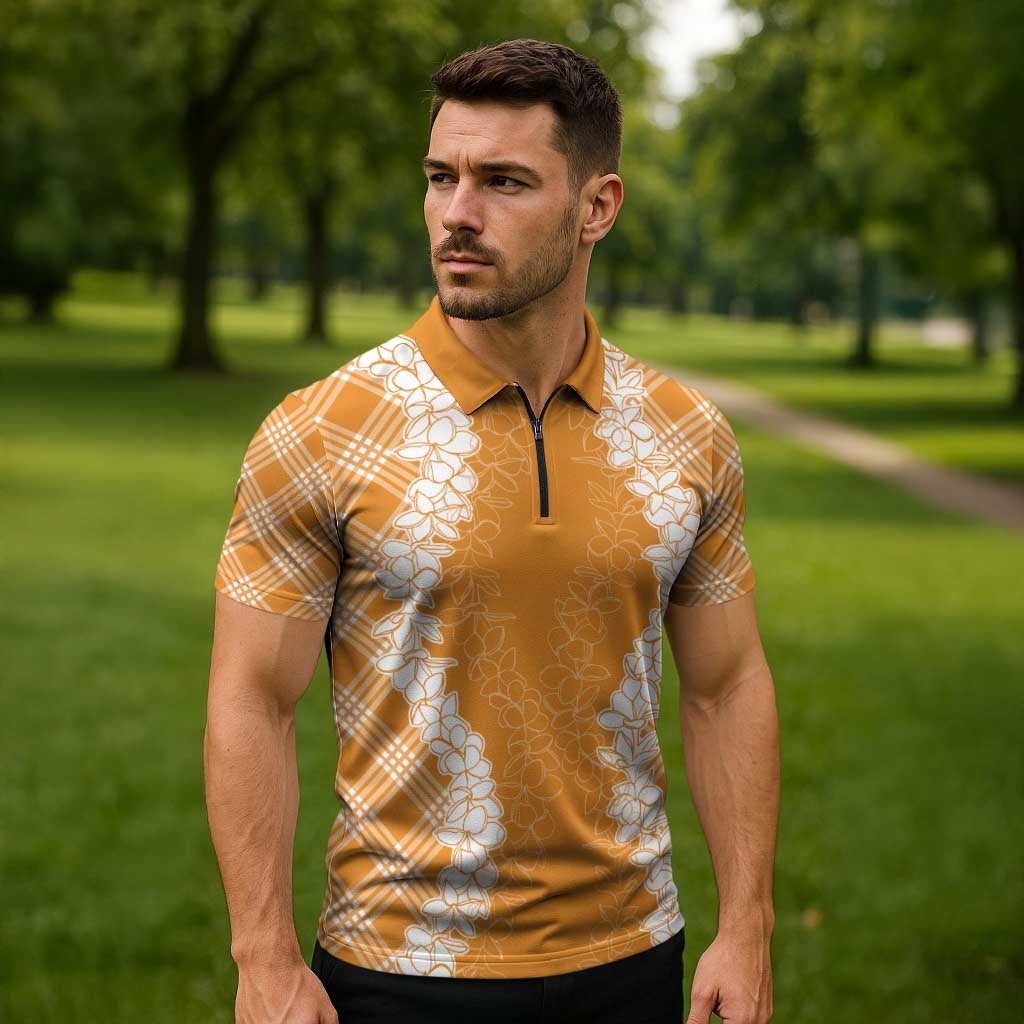 Hawaii Aloha Plumeria Lei Orange Palaka Zipper Polo Shirt - Polynesian Pride