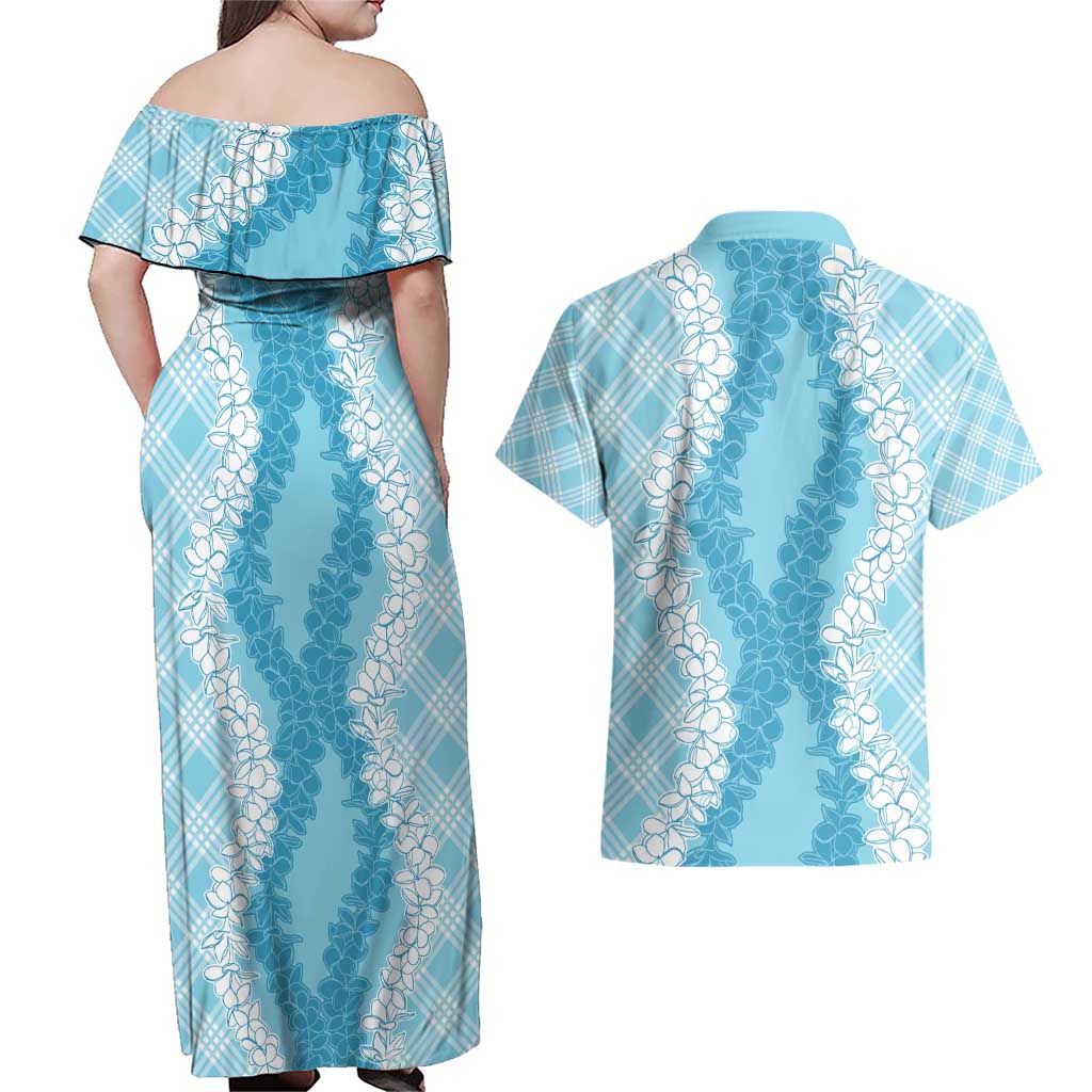 Hawaii Aloha Plumeria Lei Turquoise Palaka Couples Matching Off Shoulder Maxi Dress and Hawaiian Shirt - Polynesian Pride