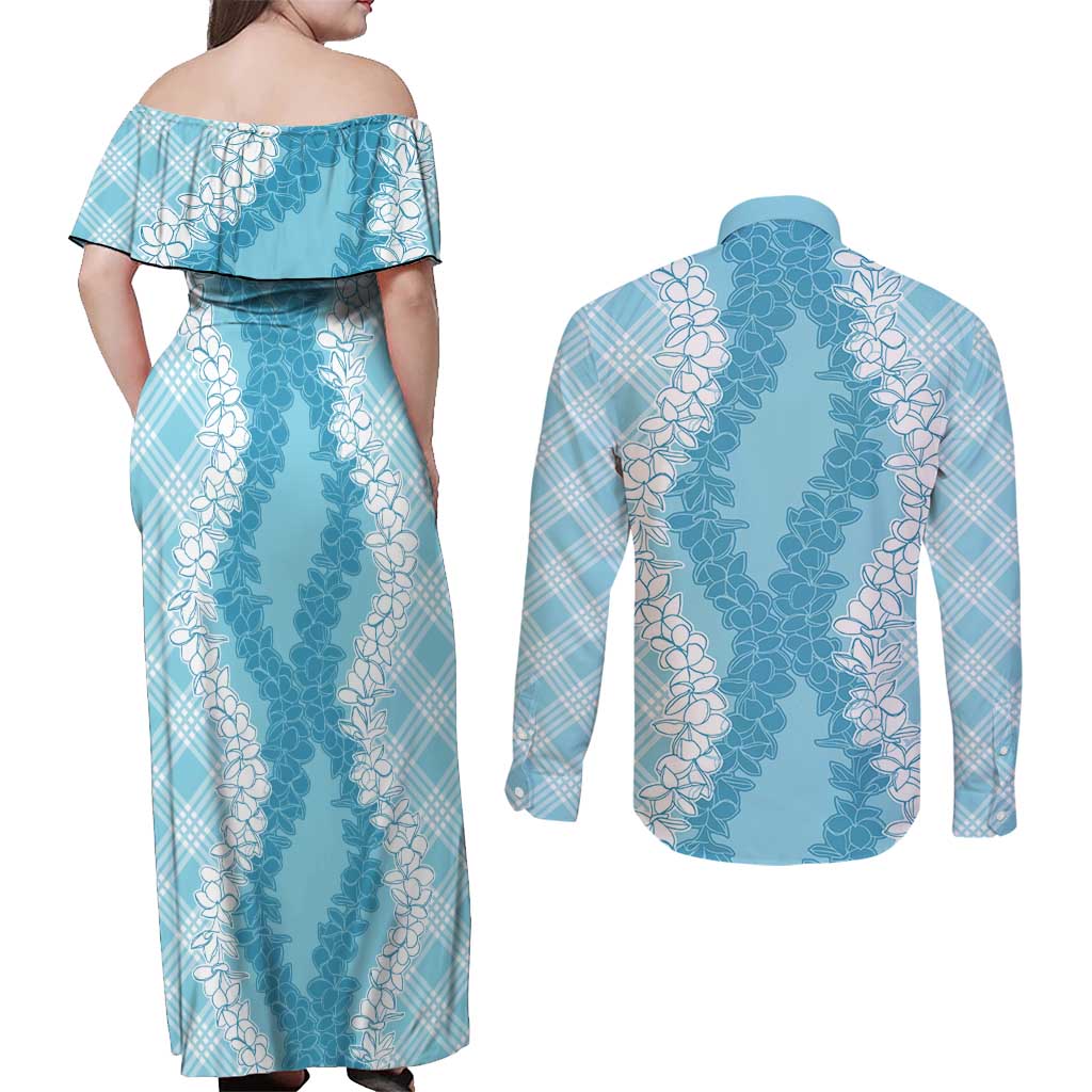 Hawaii Aloha Plumeria Lei Turquoise Palaka Couples Matching Off Shoulder Maxi Dress and Long Sleeve Button Shirt - Polynesian Pride