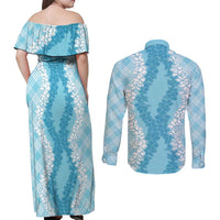 Hawaii Aloha Plumeria Lei Turquoise Palaka Couples Matching Off Shoulder Maxi Dress and Long Sleeve Button Shirt - Polynesian Pride