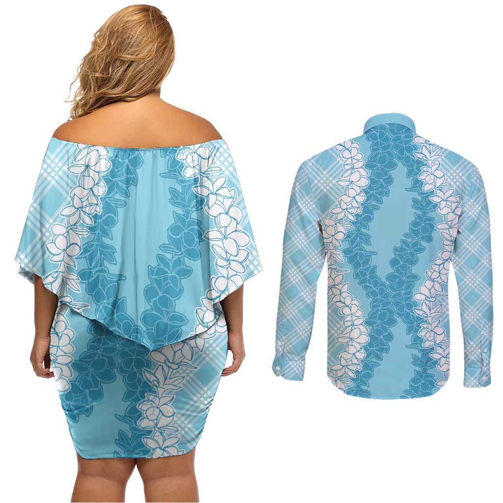 Hawaii Aloha Plumeria Lei Turquoise Palaka Couples Matching Off Shoulder Short Dress and Long Sleeve Button Shirt - Polynesian Pride