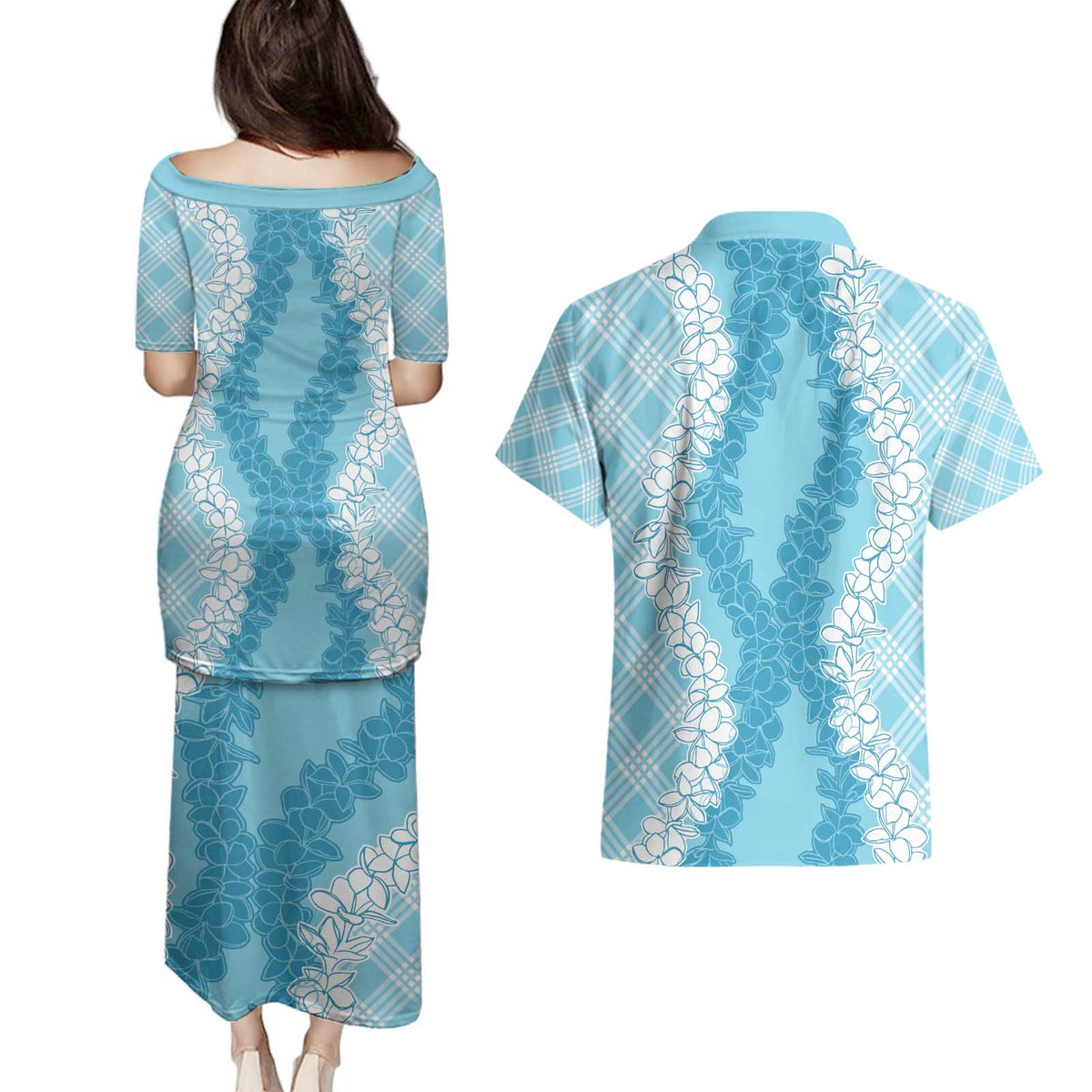 Hawaii Aloha Plumeria Lei Turquoise Palaka Couples Matching Puletasi and Hawaiian Shirt LT7 - Polynesian Pride