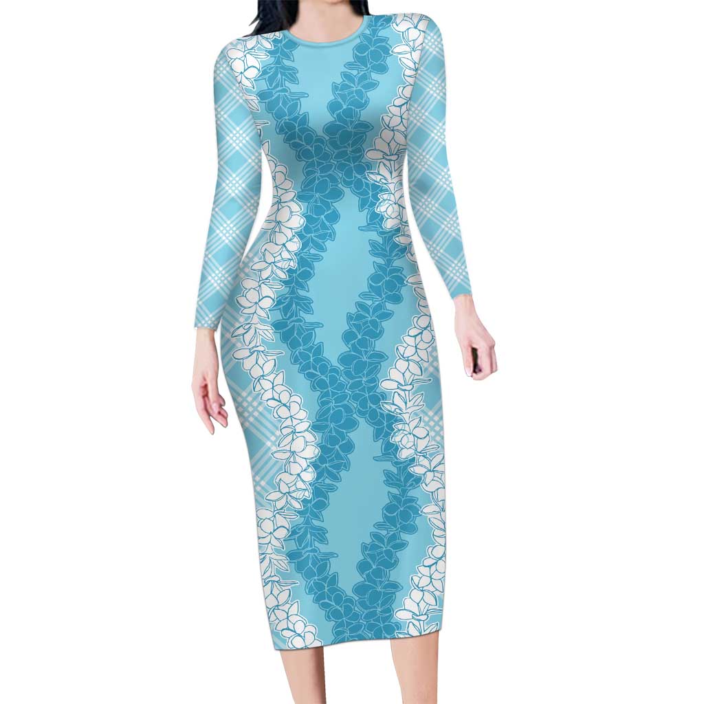 Hawaii Aloha Plumeria Lei Turquoise Palaka Family Matching Long Sleeve Bodycon Dress and Hawaiian Shirt - Polynesian Pride