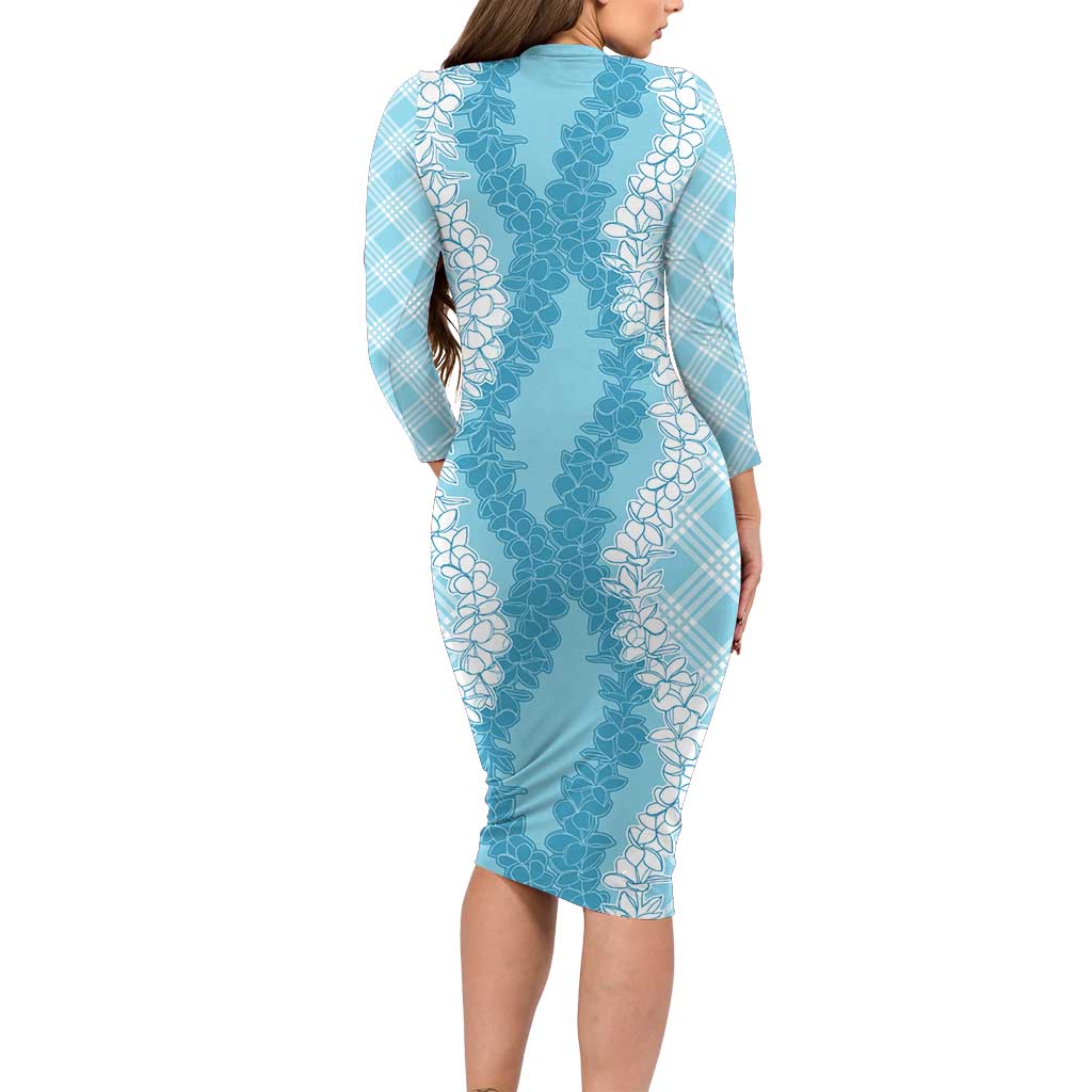 Hawaii Aloha Plumeria Lei Turquoise Palaka Family Matching Long Sleeve Bodycon Dress and Hawaiian Shirt - Polynesian Pride