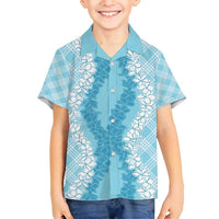 Hawaii Aloha Plumeria Lei Turquoise Palaka Family Matching Long Sleeve Bodycon Dress and Hawaiian Shirt - Polynesian Pride