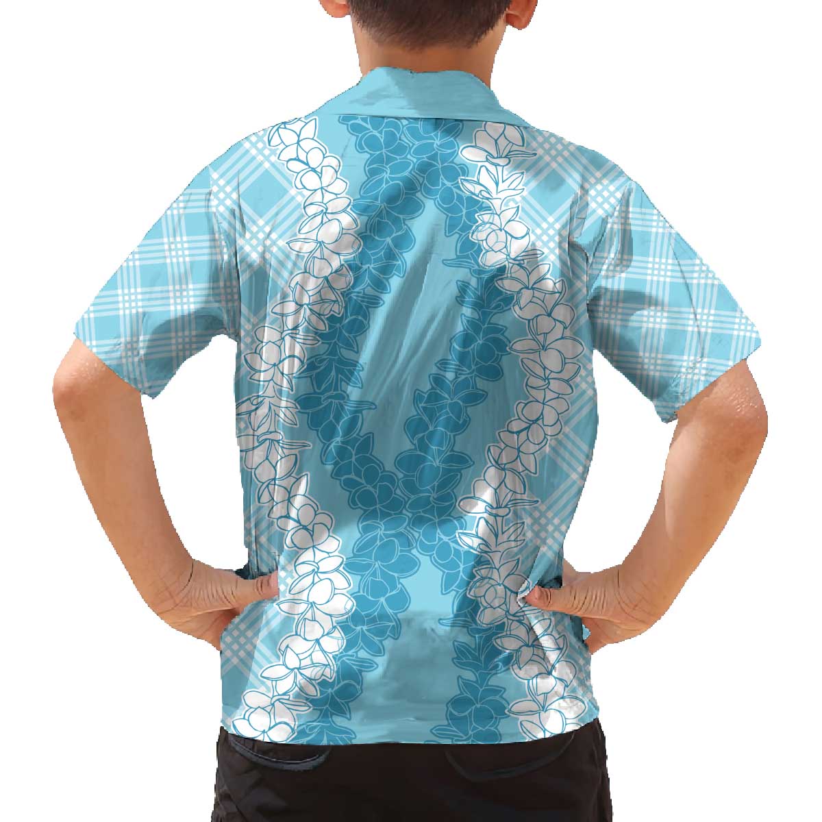 Hawaii Aloha Plumeria Lei Turquoise Palaka Family Matching Off The Shoulder Long Sleeve Dress and Hawaiian Shirt - Polynesian Pride