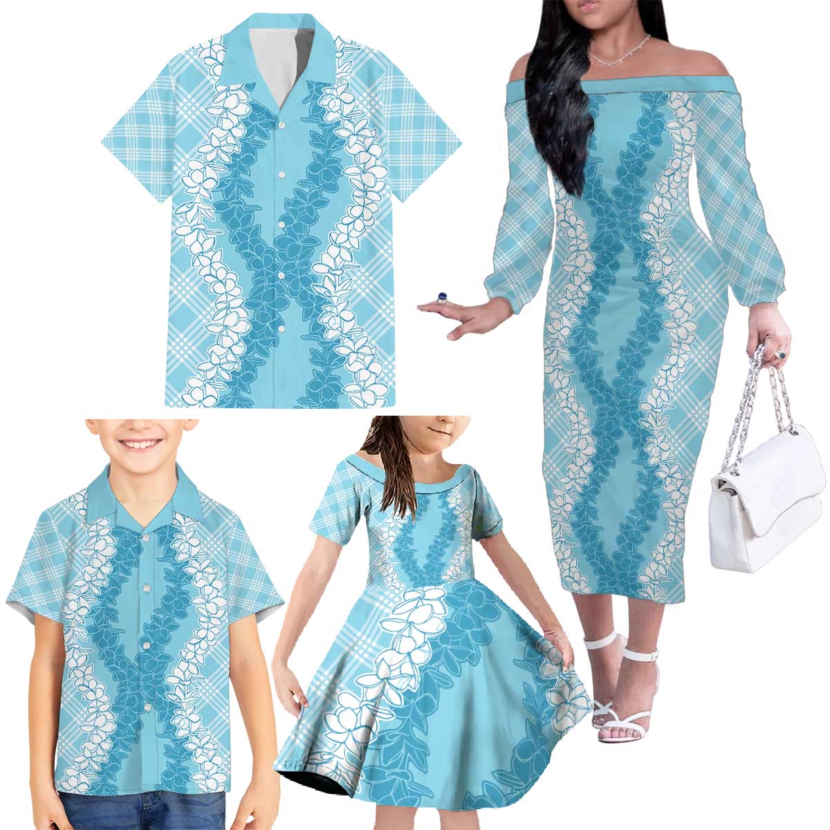 Hawaii Aloha Plumeria Lei Turquoise Palaka Family Matching Off The Shoulder Long Sleeve Dress and Hawaiian Shirt LT7 - Polynesian Pride
