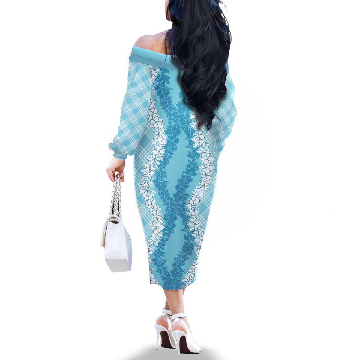 Hawaii Aloha Plumeria Lei Turquoise Palaka Family Matching Off The Shoulder Long Sleeve Dress and Hawaiian Shirt - Polynesian Pride