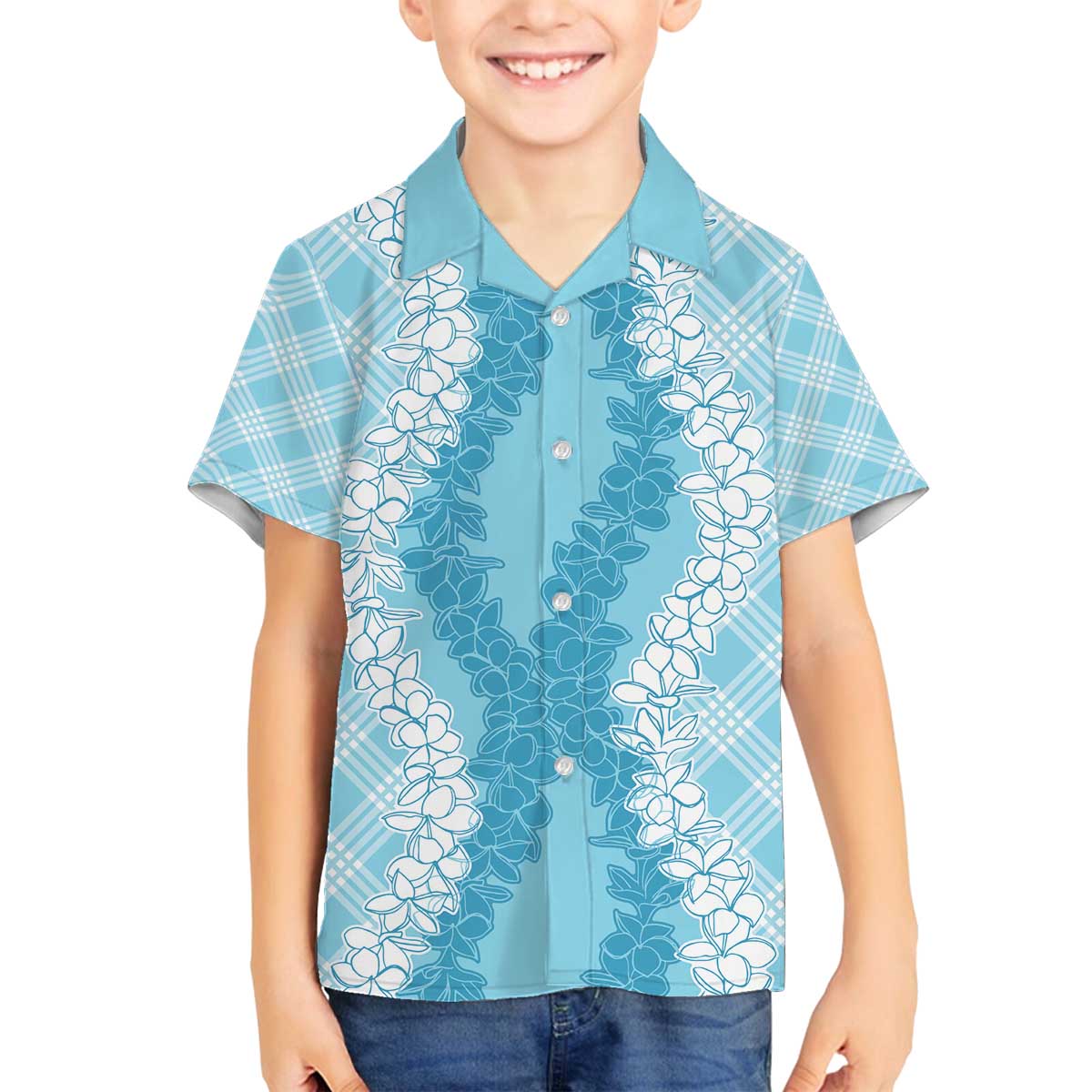 Hawaii Aloha Plumeria Lei Turquoise Palaka Family Matching Off The Shoulder Long Sleeve Dress and Hawaiian Shirt - Polynesian Pride