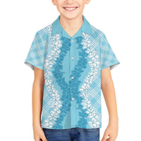 Hawaii Aloha Plumeria Lei Turquoise Palaka Family Matching Off The Shoulder Long Sleeve Dress and Hawaiian Shirt - Polynesian Pride