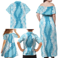 Hawaii Aloha Plumeria Lei Turquoise Palaka Family Matching Off Shoulder Maxi Dress and Hawaiian Shirt - Polynesian Pride