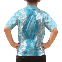 Hawaii Aloha Plumeria Lei Turquoise Palaka Family Matching Short Sleeve Bodycon Dress and Hawaiian Shirt - Polynesian Pride
