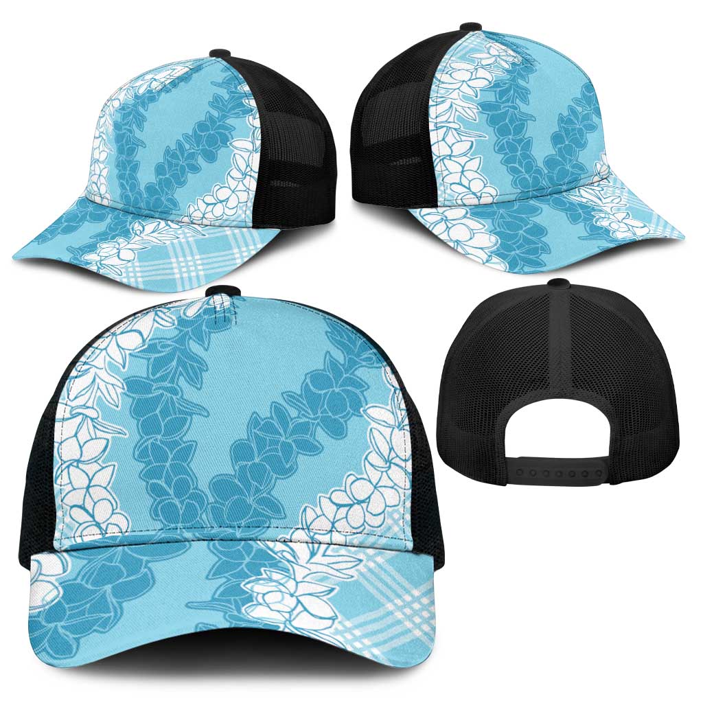 Hawaii Aloha Plumeria Lei Turquoise Palaka Mesh Trucker Cap - Polynesian Pride