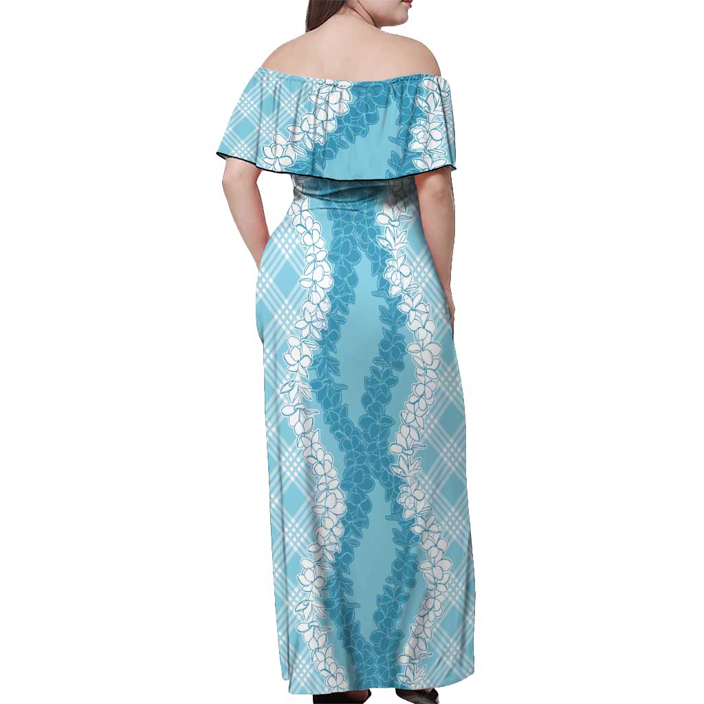 Hawaii Aloha Plumeria Lei Turquoise Palaka Off Shoulder Maxi Dress - Polynesian Pride