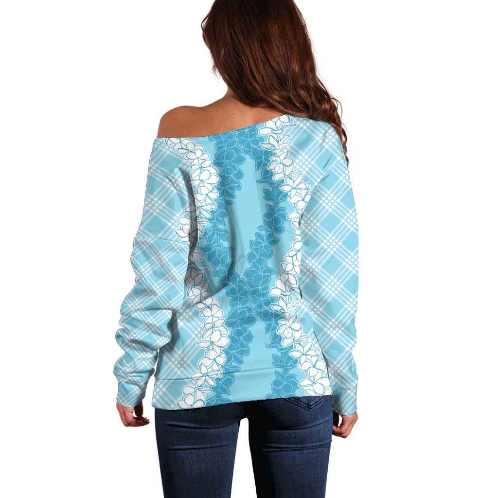 Hawaii Aloha Plumeria Lei Turquoise Palaka Off Shoulder Sweater - Polynesian Pride