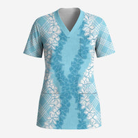 Hawaii Aloha Plumeria Lei Turquoise Palaka Scrub Top - Polynesian Pride