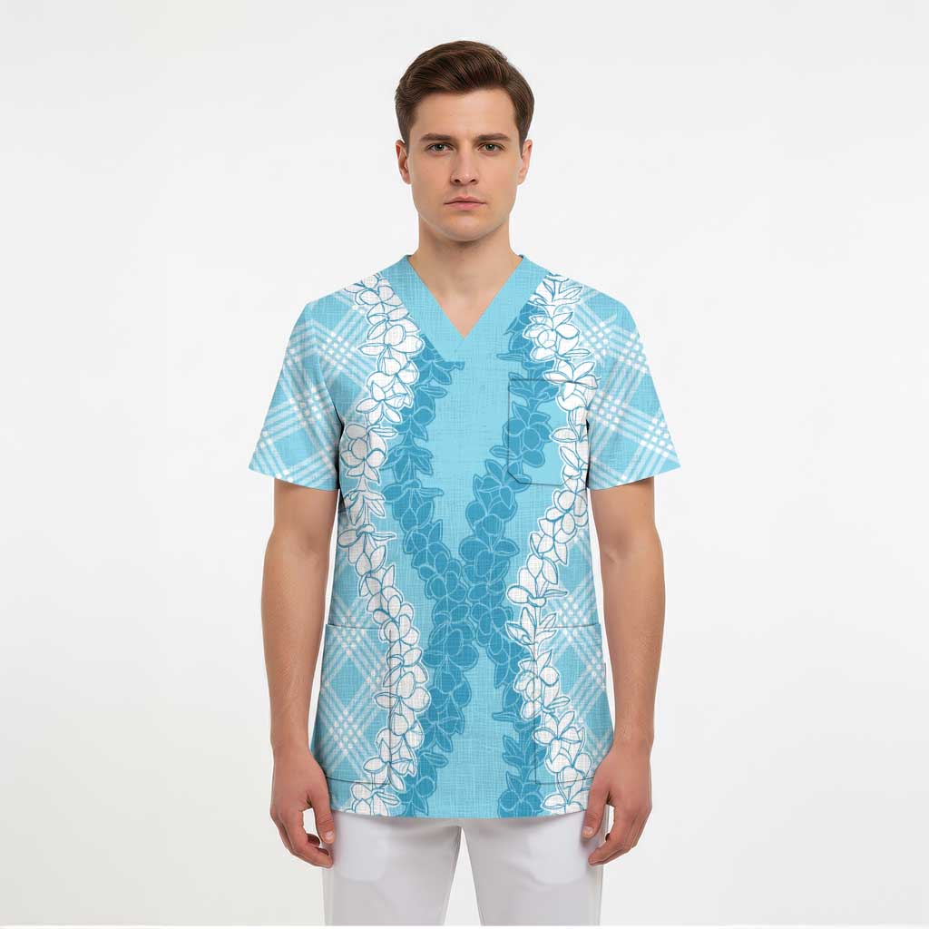 Hawaii Aloha Plumeria Lei Turquoise Palaka Scrub Top - Polynesian Pride