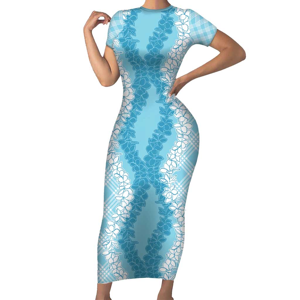 Hawaii Aloha Plumeria Lei Turquoise Palaka Short Sleeve Bodycon Dress - Polynesian Pride