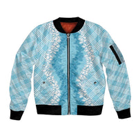 Hawaii Aloha Plumeria Lei Turquoise Palaka Sleeve Zip Bomber Jacket - Polynesian Pride