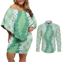 Hawaii Aloha Plumeria Lei Mint Palaka Couples Matching Off Shoulder Short Dress and Long Sleeve Button Shirt - Polynesian Pride