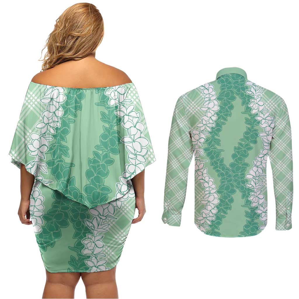 Hawaii Aloha Plumeria Lei Mint Palaka Couples Matching Off Shoulder Short Dress and Long Sleeve Button Shirt - Polynesian Pride