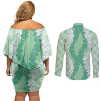 Hawaii Aloha Plumeria Lei Mint Palaka Couples Matching Off Shoulder Short Dress and Long Sleeve Button Shirt - Polynesian Pride
