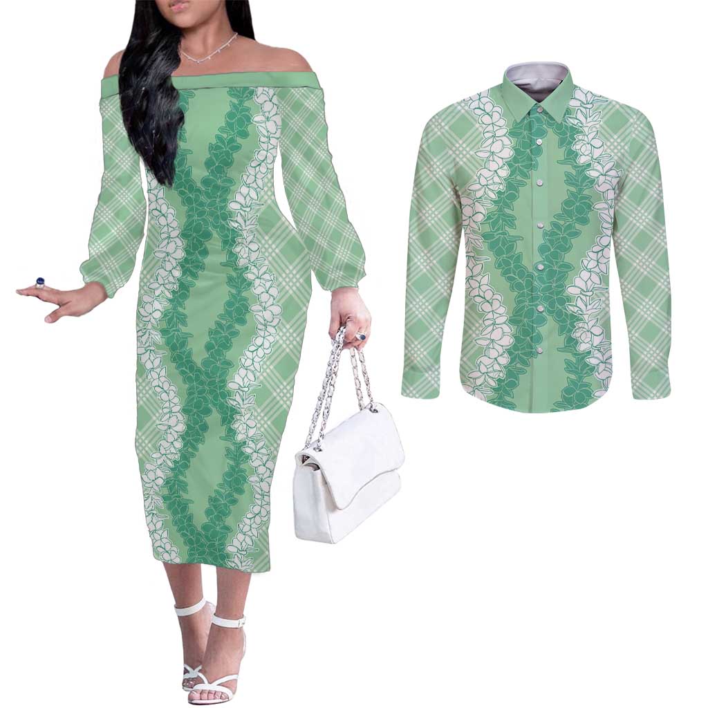 Hawaii Aloha Plumeria Lei Mint Palaka Couples Matching Off The Shoulder Long Sleeve Dress and Long Sleeve Button Shirt - Polynesian Pride