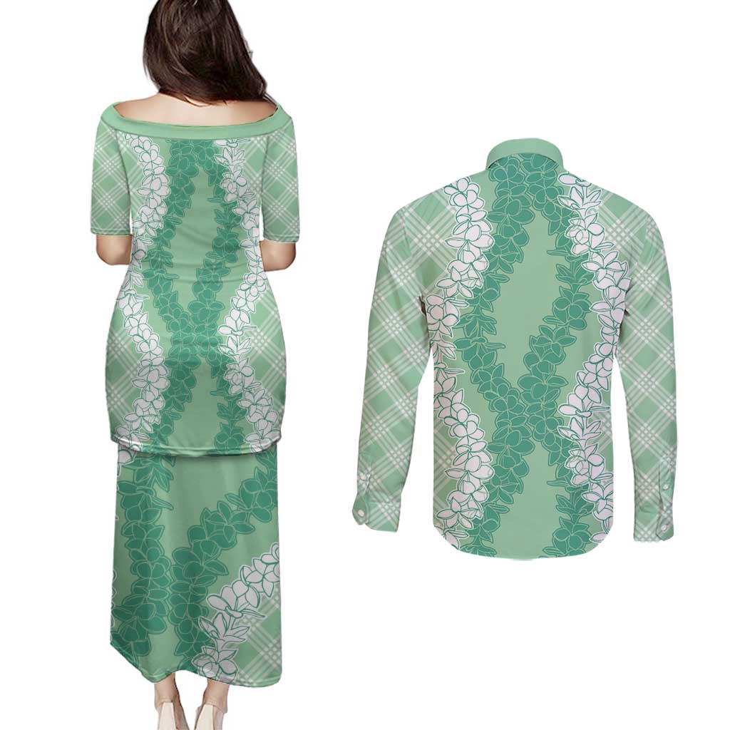 Hawaii Aloha Plumeria Lei Mint Palaka Couples Matching Puletasi and Long Sleeve Button Shirt - Polynesian Pride