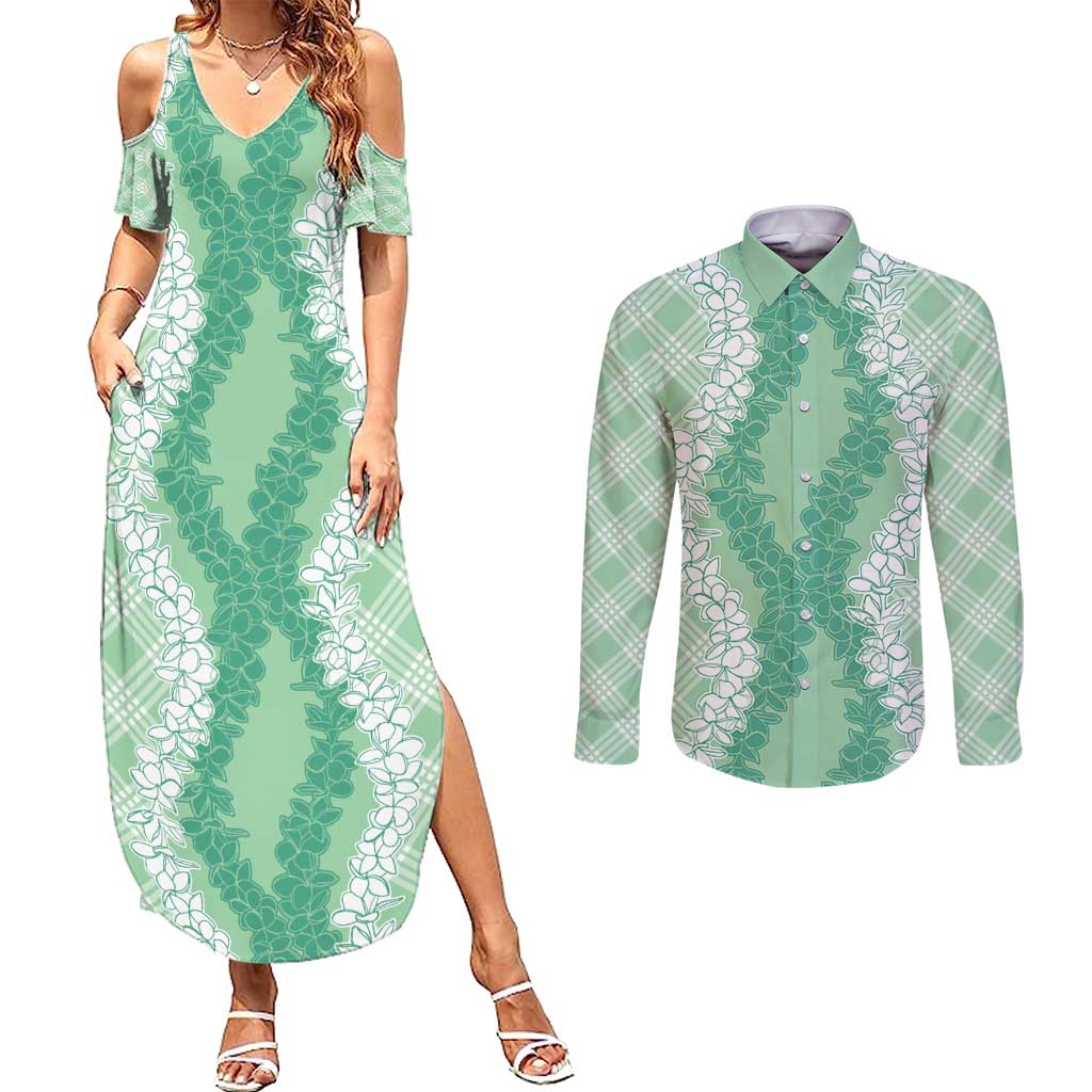 Hawaii Aloha Plumeria Lei Mint Palaka Couples Matching Summer Maxi Dress and Long Sleeve Button Shirt - Polynesian Pride