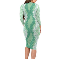 Hawaii Aloha Plumeria Lei Mint Palaka Family Matching Long Sleeve Bodycon Dress and Hawaiian Shirt - Polynesian Pride