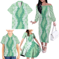 Hawaii Aloha Plumeria Lei Mint Palaka Family Matching Off The Shoulder Long Sleeve Dress and Hawaiian Shirt - Polynesian Pride