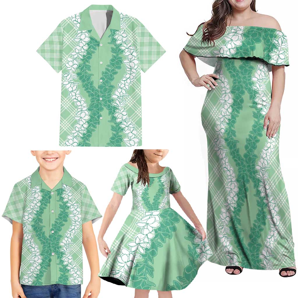 Hawaii Aloha Plumeria Lei Mint Palaka Family Matching Off Shoulder Maxi Dress and Hawaiian Shirt - Polynesian Pride
