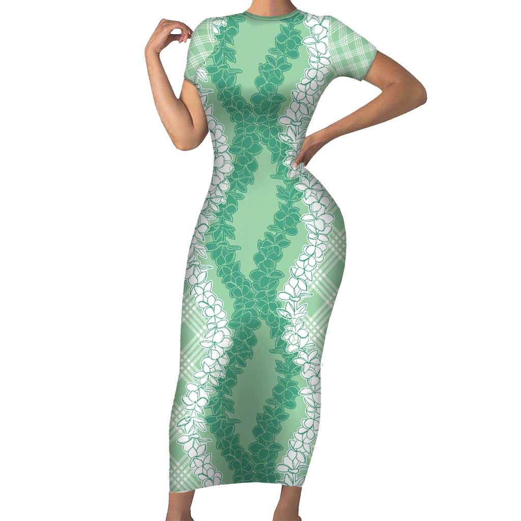 Hawaii Aloha Plumeria Lei Mint Palaka Family Matching Short Sleeve Bodycon Dress and Hawaiian Shirt - Polynesian Pride