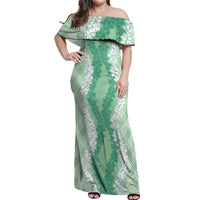 Hawaii Aloha Plumeria Lei Mint Palaka Off Shoulder Maxi Dress - Polynesian Pride