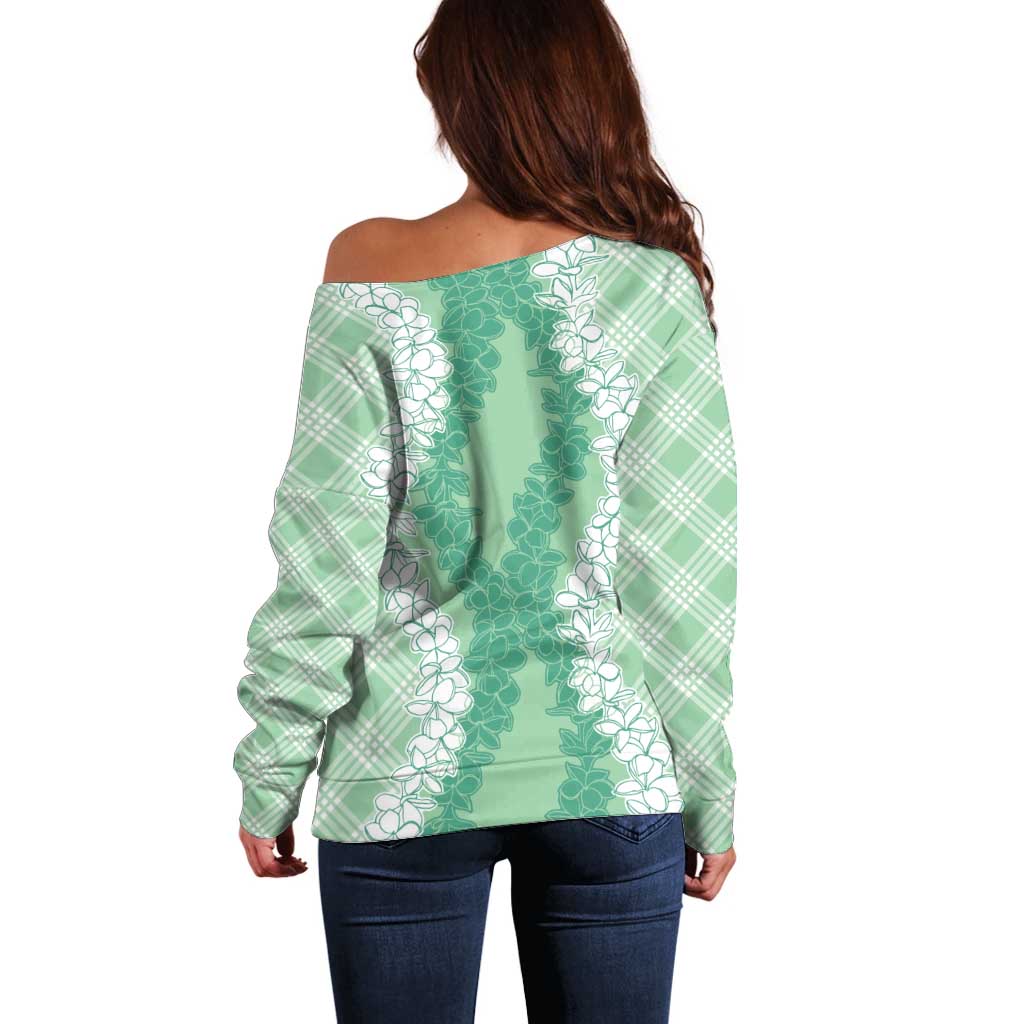 Hawaii Aloha Plumeria Lei Mint Palaka Off Shoulder Sweater - Polynesian Pride
