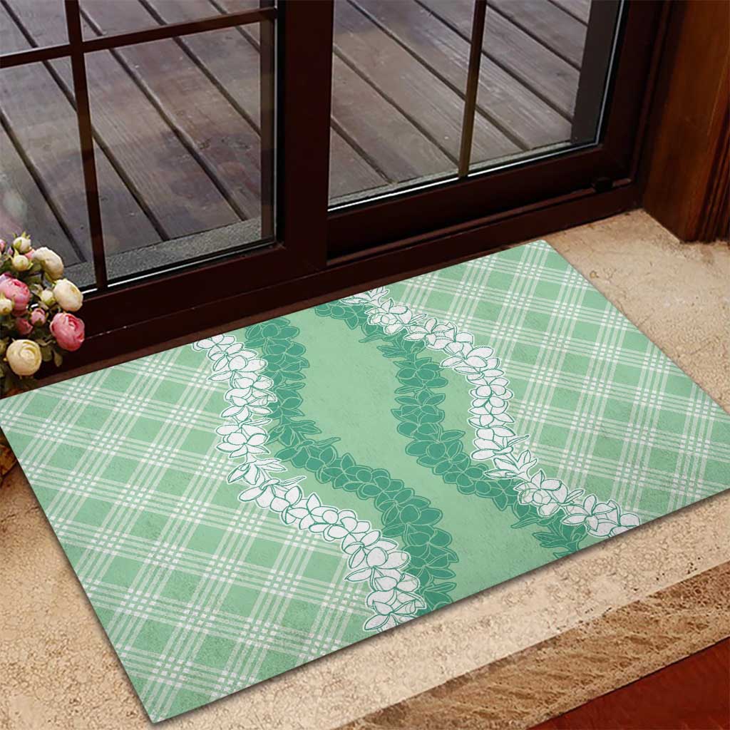 Hawaii Aloha Plumeria Lei Mint Palaka Rubber Doormat - Polynesian Pride