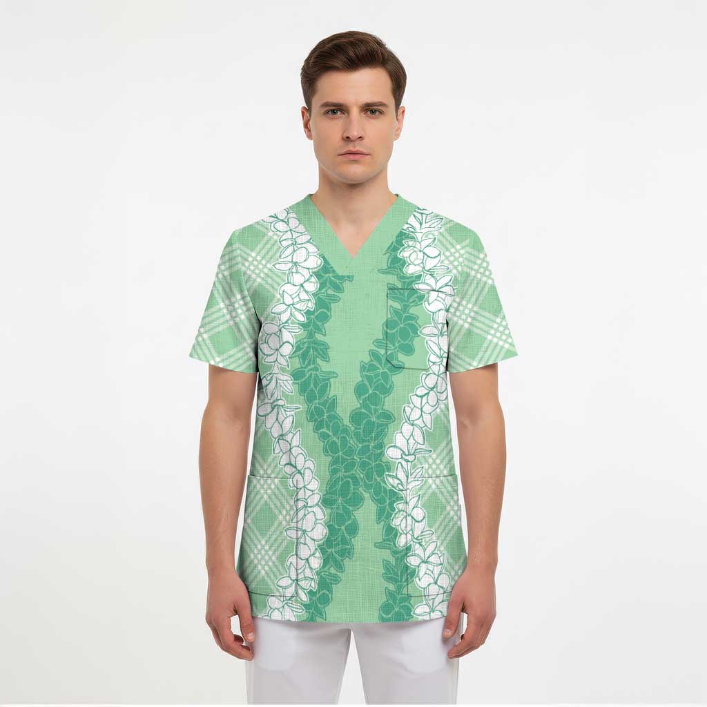 Hawaii Aloha Plumeria Lei Mint Palaka Scrub Top - Polynesian Pride