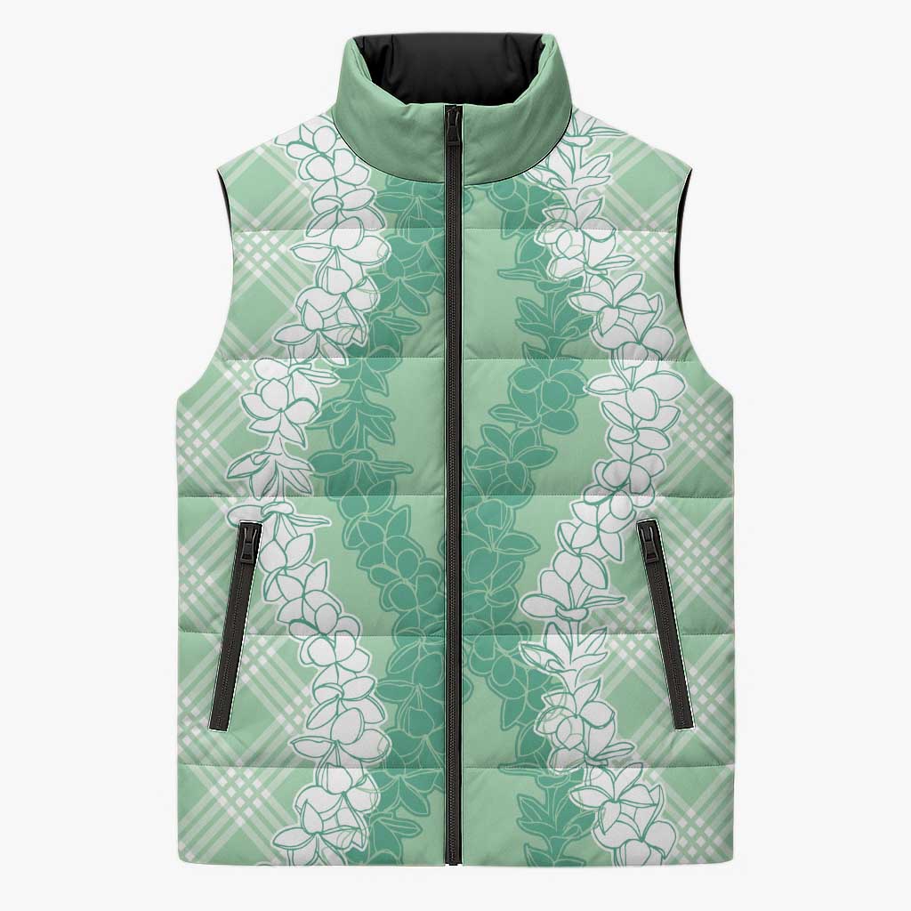 Hawaii Aloha Plumeria Lei Mint Palaka Sleeveless Puffer Jacket - Polynesian Pride