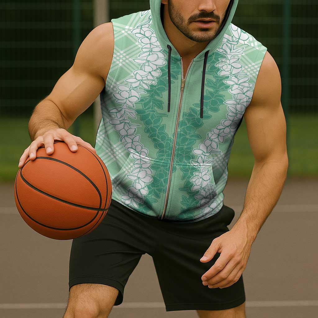 Hawaii Aloha Plumeria Lei Mint Palaka Sleeveless Zip Hoodie - Polynesian Pride