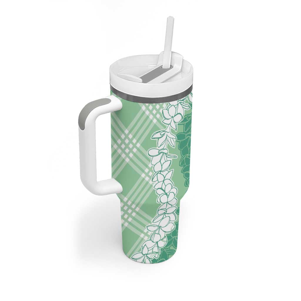 Hawaii Aloha Plumeria Lei Mint Palaka Tumbler With Handle - Polynesian Pride