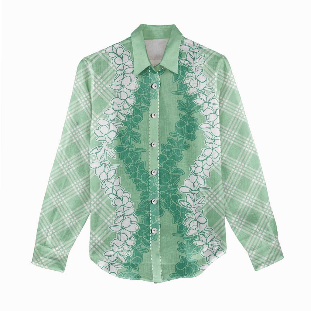 Hawaii Aloha Plumeria Lei Mint Palaka Women Casual Shirt - Polynesian Pride