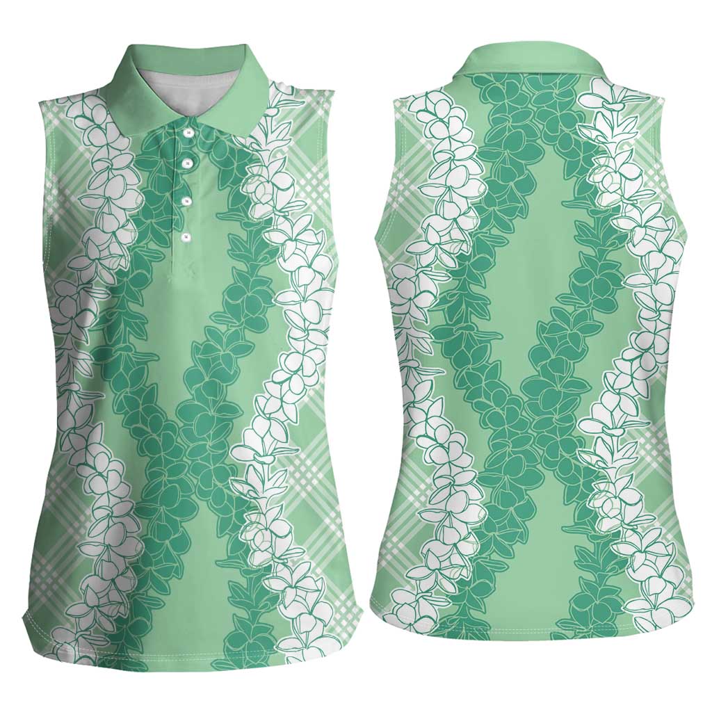 Hawaii Aloha Plumeria Lei Mint Palaka Women Sleeveless Polo Shirt - Polynesian Pride