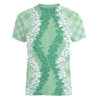 Hawaii Aloha Plumeria Lei Mint Palaka Women V-Neck T-Shirt - Polynesian Pride